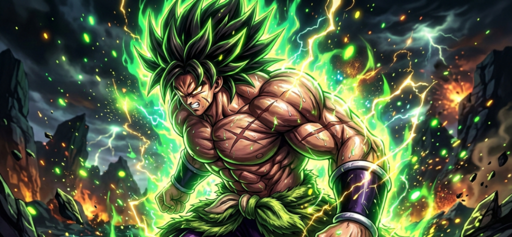 Broly gritando em fúria com aura verde e raios amarelos, destacando seus músculos e cicatrizes de batalha.