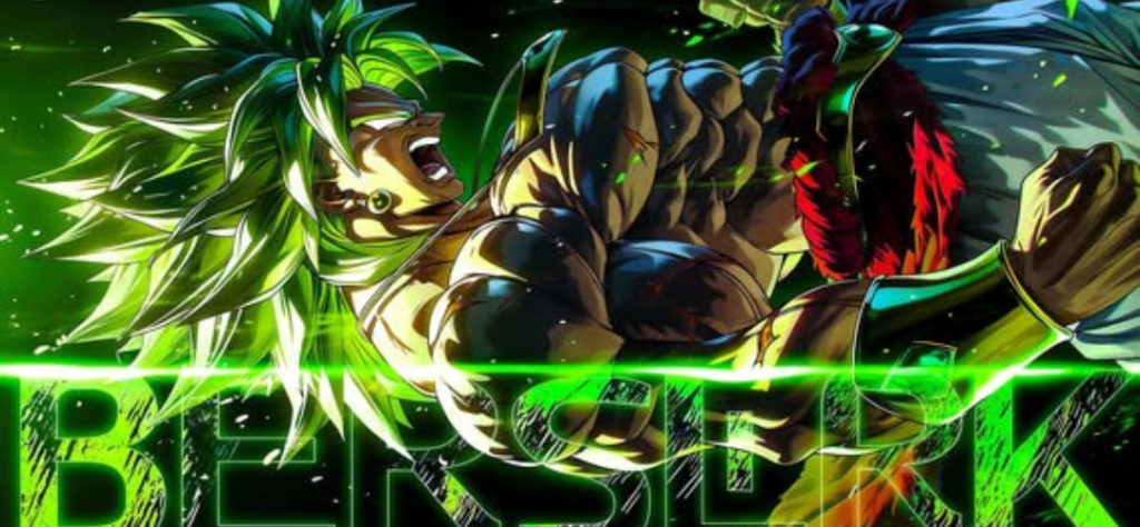 Arte detalhada de Broly em perfil lateral exibindo músculos e aura verde com o texto Berserk em destaque.