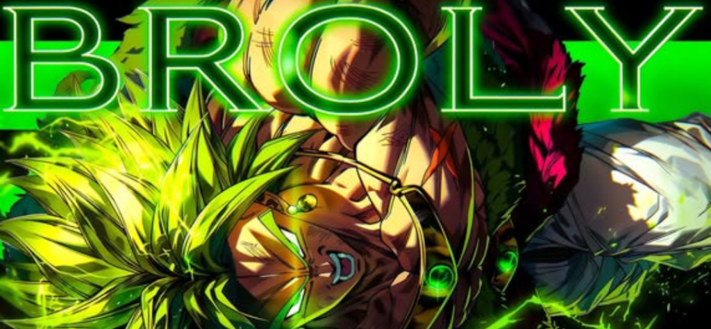 Ilustração digital em tons de verde neon mostrando o personagem Broly gritando em fúria com cabelos de Super Saiyajin.