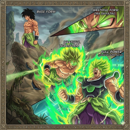 Infográfico detalhando as diferentes transformações de Broly, da forma base ao estado de Lendário Super Saiyajin.