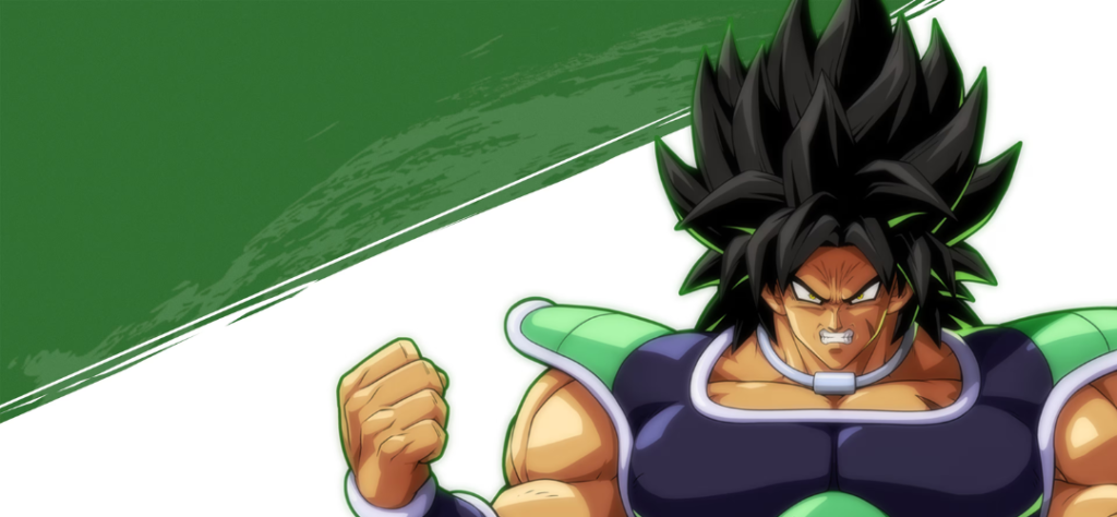 Broly com armadura verde e cabelos pretos em posição de combate, representando o início da escala de Broly poderes.