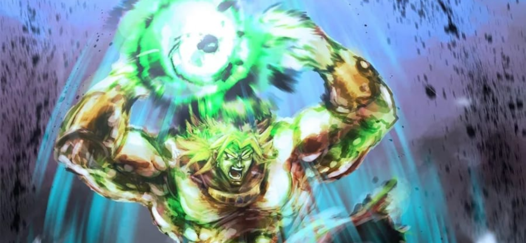 Broly carregando um ataque de energia verde circular, ilustrando os Broly poderes de manipulação de Ki e destruição.
