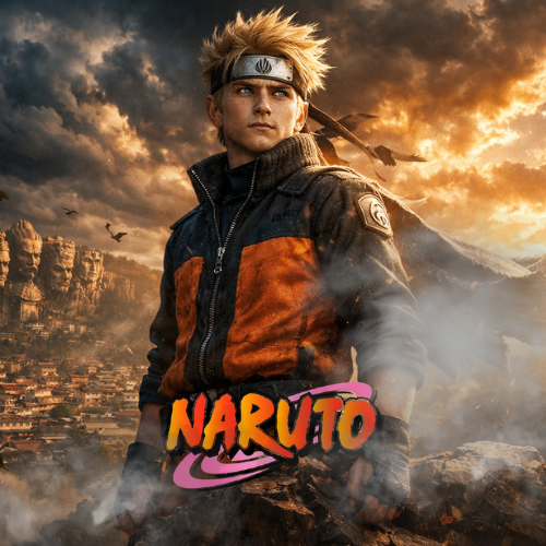 Pôster realista de Naruto com o Monumento dos Hokages e logotipo oficial ao fundo.