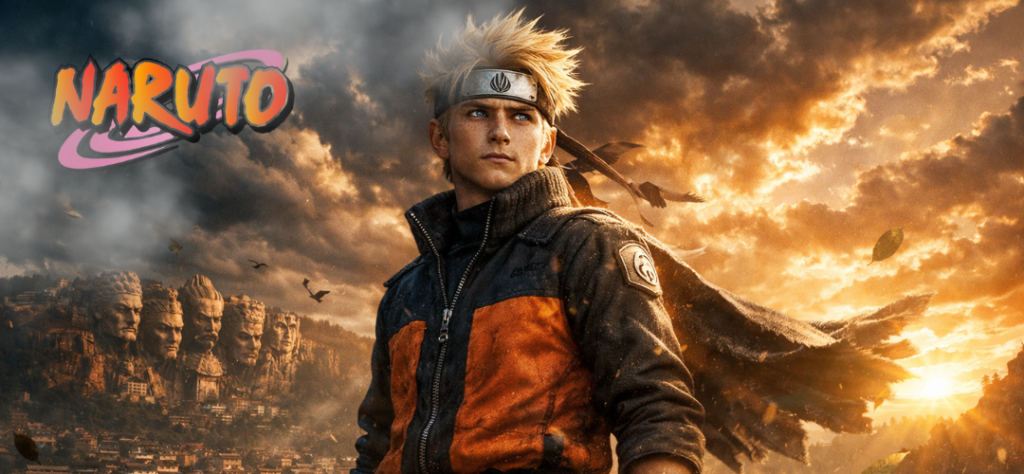 Pôster realista de Naruto com o Monumento dos Hokages e logotipo oficial ao fundo.