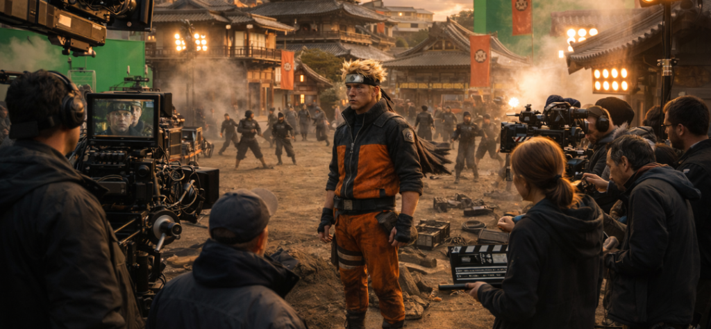 Produção de cinema com equipamentos profissionais filmando cena do herói Naruto em uma vila japonesa.