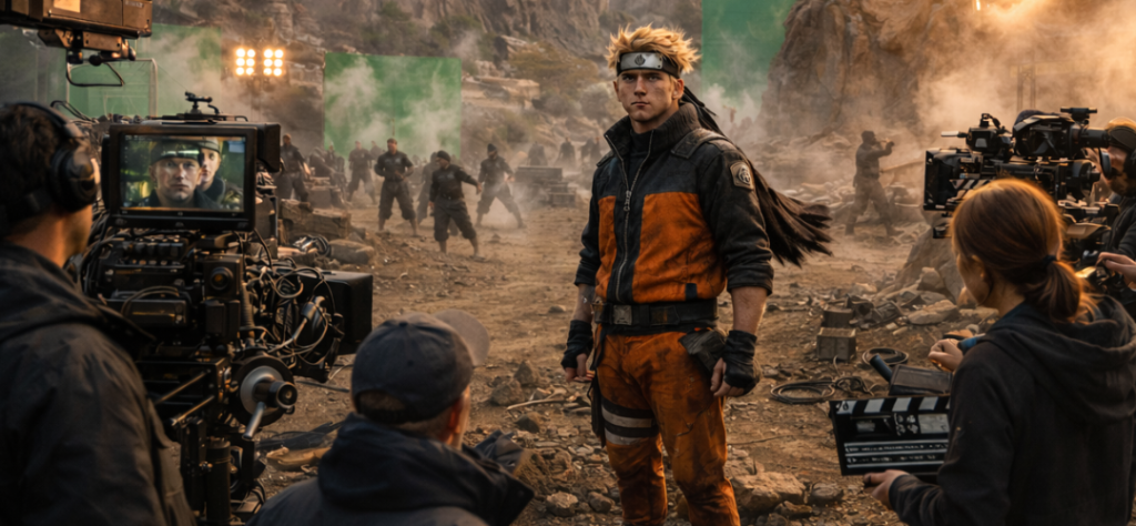 Ator em set de filmagem com câmeras e tela verde interpretando o personagem Naruto.