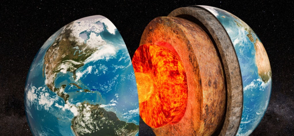 Modelo geológico explodido mostrando a crosta, o manto e as divisões interna e externa do núcleo da terra.