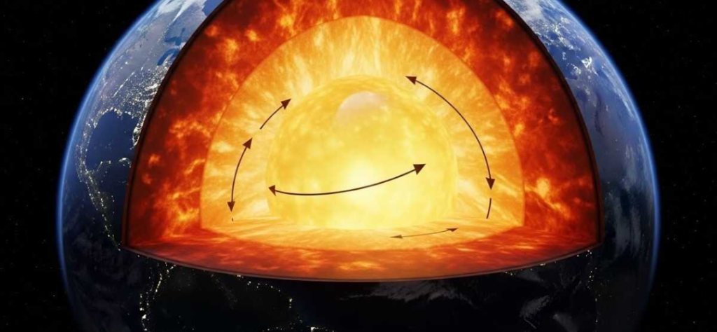 Diagrama do interior do planeta mostrando as correntes de convecção e as camadas do núcleo da terra em tons de fogo.