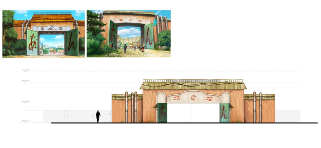 Desenho técnico e arquitetônico do portão de entrada de Konoha para o projeto do parque temático Naruto.