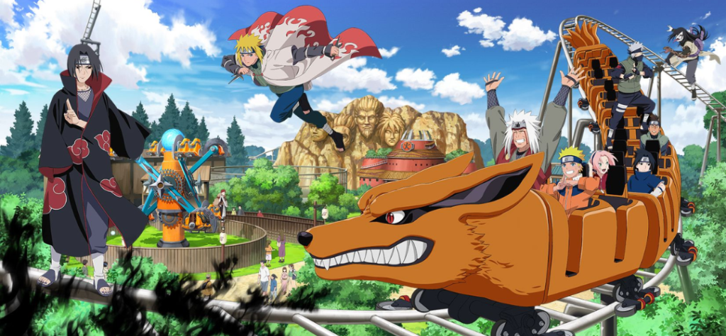Ilustração colorida de uma montanha-russa da Kurama em um parque temático Naruto com o Monumento dos Hokages ao fundo.