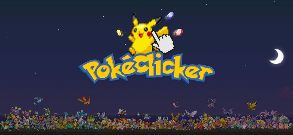 Logotipo colorido do jogo PokeClicker centralizado em um fundo de céu noturno com Pikachu e diversos Pokémon de Kanto em pixel art na parte inferior.