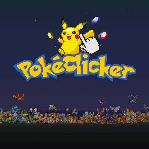 Logotipo colorido do jogo PokeClicker centralizado em um fundo de céu noturno com Pikachu e diversos Pokémon de Kanto em pixel art na parte inferior.