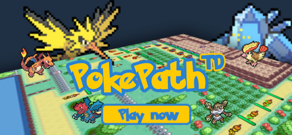 Banner promocional do jogo PokePath TD com visualização isométrica de um mapa e vários Pokémon como Zapdos e Charizard ao redor do título.