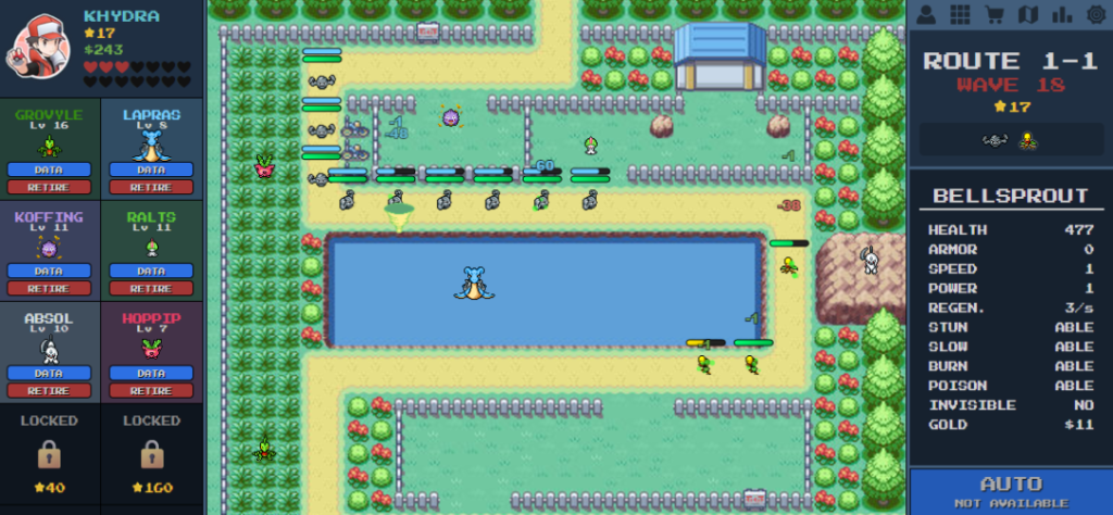 Captura de tela da jogabilidade do PokePath TD mostrando Pokémon defendendo a Rota 1-1 contra ondas de inimigos, com painéis de dados da equipe e do nível.