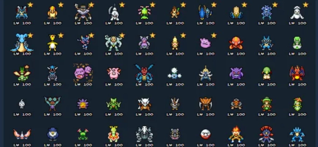 Grade de coleção de Pokémon no PokePath TD mostrando dezenas de sprites de Pokémon raros e poderosos no nível 100 com estrelas douradas.