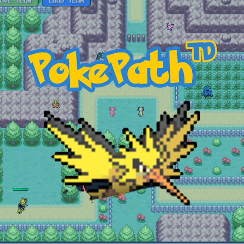 Close-up de um grande sprite de Zapdos voando sobre um mapa de rota em pixel art no PokePath TD, com o título do jogo visível.