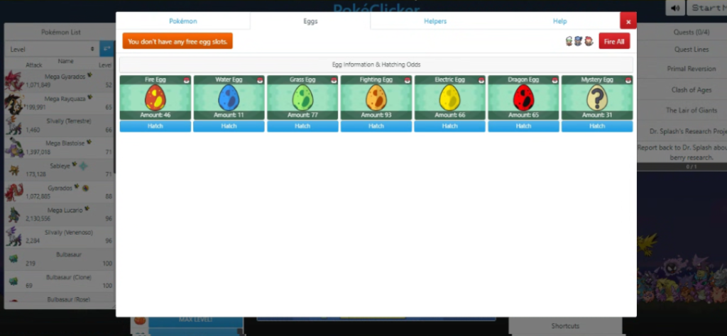 Menu de incubação da Hatchery no PokeClicker exibindo diversos ovos elementares prontos para serem chocados.