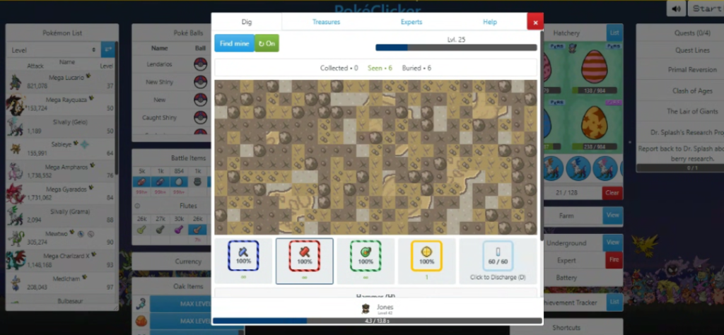 Interface de mineração do sistema Underground no PokeClicker mostrando o campo de escavação e ferramentas de busca de tesouros.