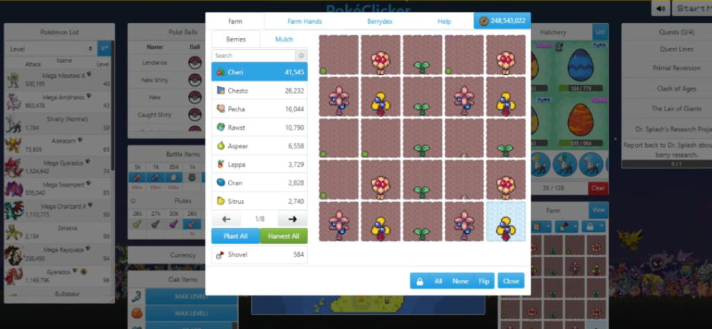 Interface do menu Farm no jogo PokeClicker mostrando o inventário de frutas e o campo de cultivo 5 x 5 com Berries plantadas.