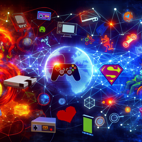 Blog de Tecnologia 33 Uma colagem vibrante e densa de ícones da cultura geek, incluindo um controle de videogame, o símbolo do Superman e consoles de cartucho retrô, tudo conectado por uma rede de luzes.