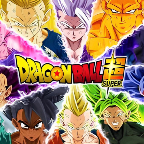 O Multiverso e Deuses em Dragon Ball Super: O Jogo Mudou 20 Logotipo de Dragon Ball Super cercado por personagens como Gohan Beast, Broly, Granola e Gas em um estilo artístico vibrante.