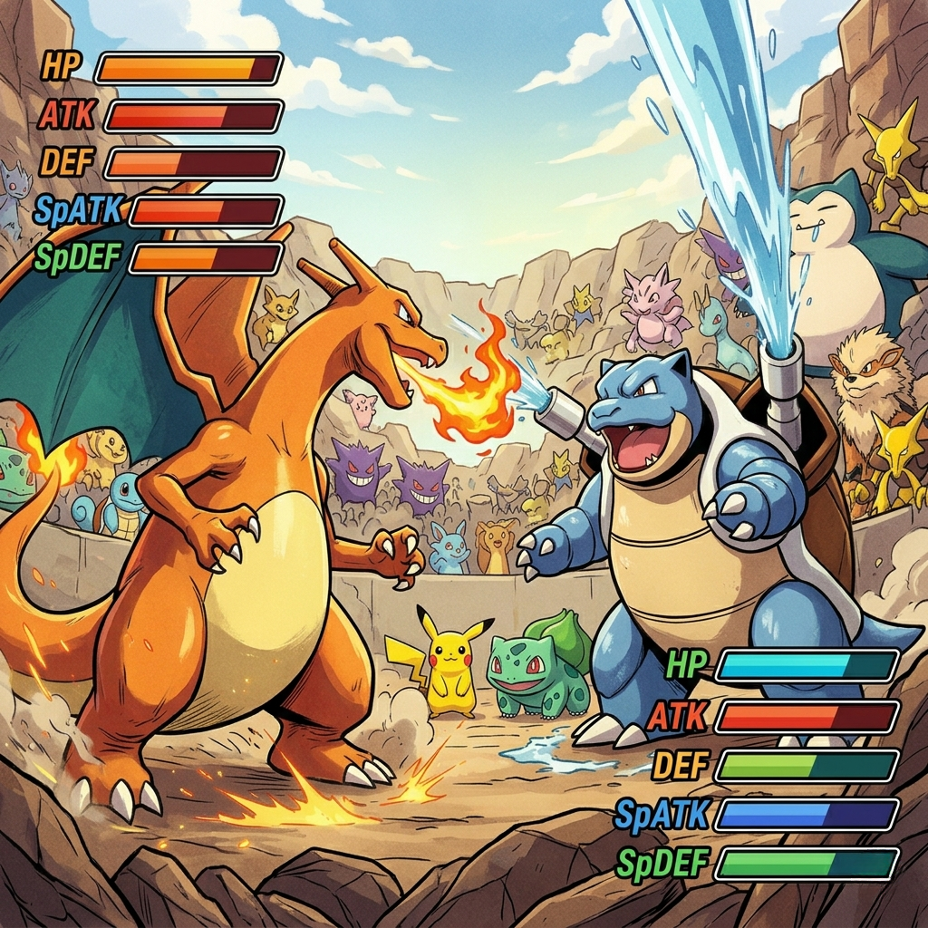 Ilustração de batalha entre Charizard e Blastoise com barras de status destacando a importância de Ev e Iv PokeValley.