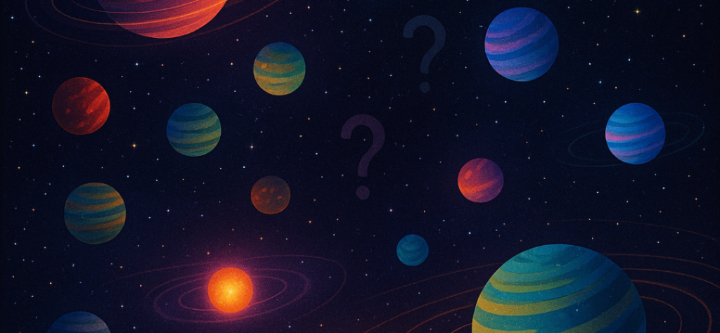 Ilustração espacial de vários planetas e estrelas com pontos de interrogação centrais representando o Paradoxo de Fermi.