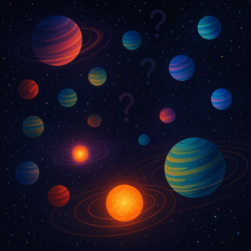 Representação artística de um sistema solar e diversos planetas distantes sob a perspectiva do Paradoxo de Fermi.