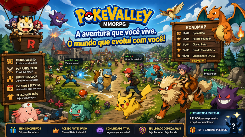 Vista panorâmica do mundo aberto de PokeValley MMORPG com personagens e Pokémon em estilo pixel art.