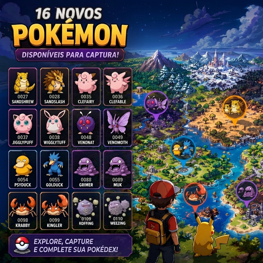 Infográfico de atualização do jogo PokeValley exibindo 14 novos Pokémon disponíveis para captura em diferentes regiões do mapa.