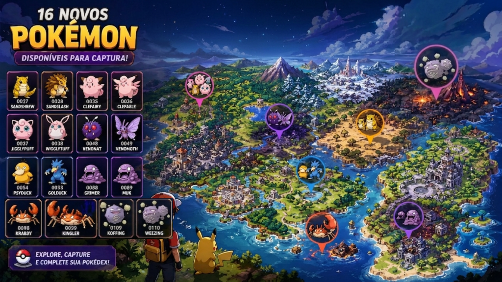 Arte conceitual dos diversos biomas e cenários exploráveis que compõem o universo de aventura do PokeValley.