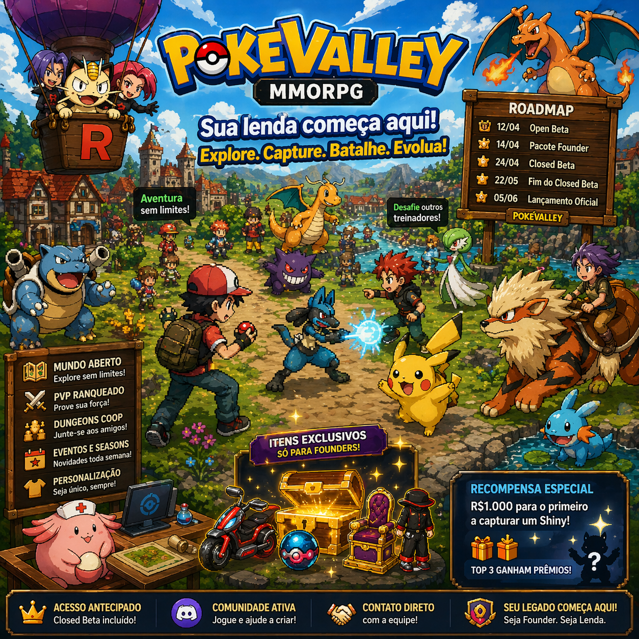 Banner promocional do jogo PokeValley MMORPG exibindo diversos Pokémon em estilo pixel art e o roadmap de lançamento.