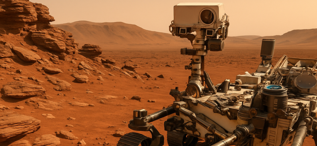 Visão panorâmica da parte superior e câmeras do Rover Perseverance em Marte em meio a uma paisagem rochosa.