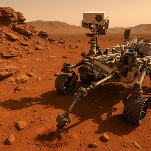 Fotografia em solo marciano mostrando o braço robótico do Rover Perseverance em Marte realizando coleta de amostras.