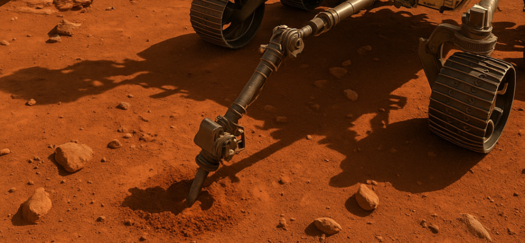 Close-up da ferramenta de perfuração do Rover Perseverance em Marte tocando a superfície avermelhada.