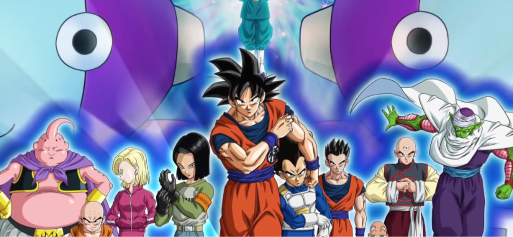 O Multiverso e Deuses em Dragon Ball Super: O Jogo Mudou 4 Elenco principal de heróis reunidos com a silhueta de Zeno ao fundo, ilustrando o universo de Dragon Ball.