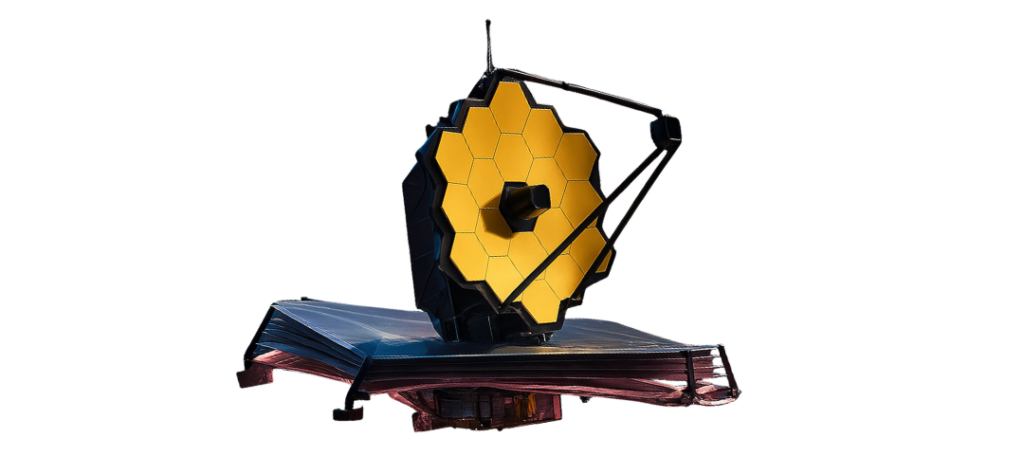 NASA James Webb Telescope revela pistas de vida em galáxias distantes 2 Modelo 3D isolado em fundo branco do observatório que realiza as descobertas telescopio james webb no espaço profundo.