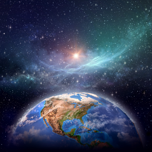 Blog de Tecnologia 31 Planeta Terra sob um céu estrelado e nebulosas coloridas, representando o alcance das descobertas telescopio james webb.