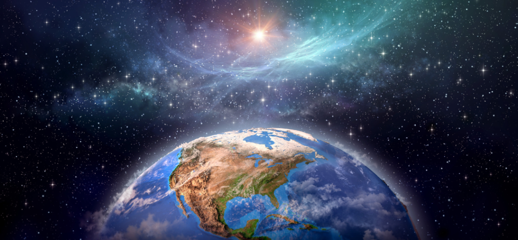 NASA James Webb Telescope revela pistas de vida em galáxias distantes 1 Vista panorâmica da Terra e do espaço sideral com nebulosas brilhantes ligadas às recentes descobertas telescopio james webb.