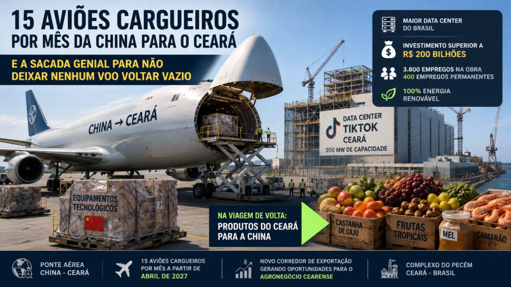 TikTok, China e Ceará: Como 15 Aviões Cargueiros Por Mês Podem Transformar o Nordeste em Um Polo Tecnológico Global 1 Infográfico detalhando investimentos, capacidade de 200 MW e logística de exportação do Data Center no Complexo do Pecém e como a China está envolvida nesse processo
