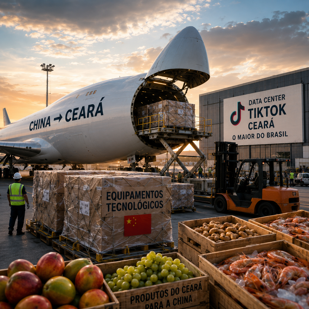Avião cargueiro descarregando equipamentos de tecnologia em frente ao edifício do Data Center do TikTok no Ceará, como a China está envolvida nesse processo.