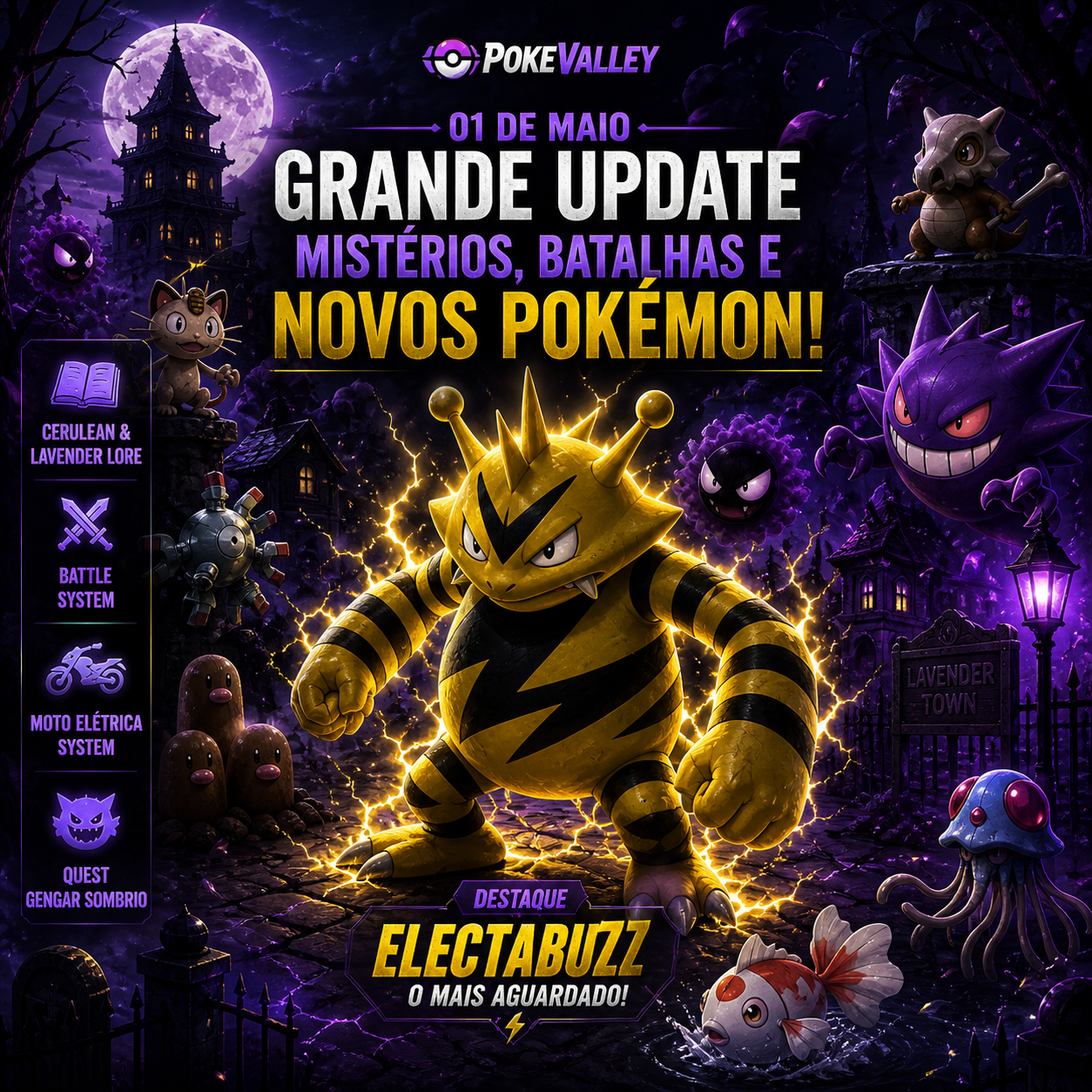Arte promocional do Update PokeValley destacando a chegada do Electabuzz, sistema de moto elétrica e novas quests.