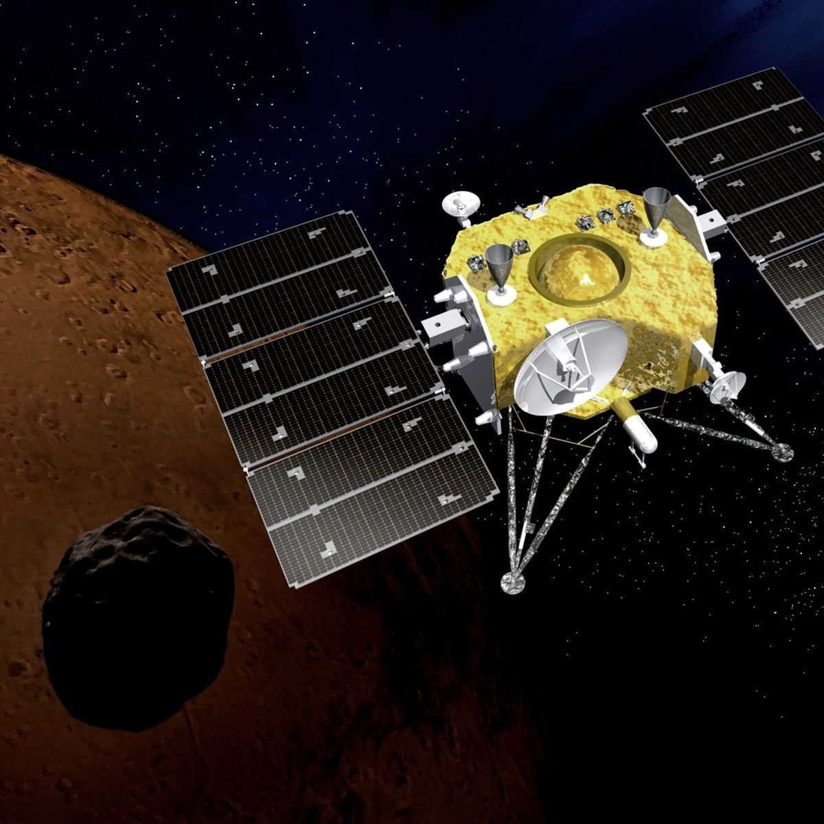 Representação artística da sonda MMX sobre Fobos, com Marte ao fundo